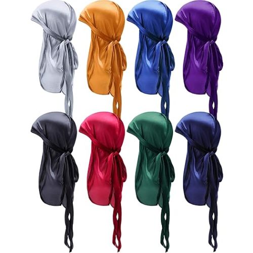 Syhood 8 Pieces Satin Baby Durags Kids Satin Durag Caps Headwraps with Long Tail and Wide Straps for 360 Waves (Dark Color)