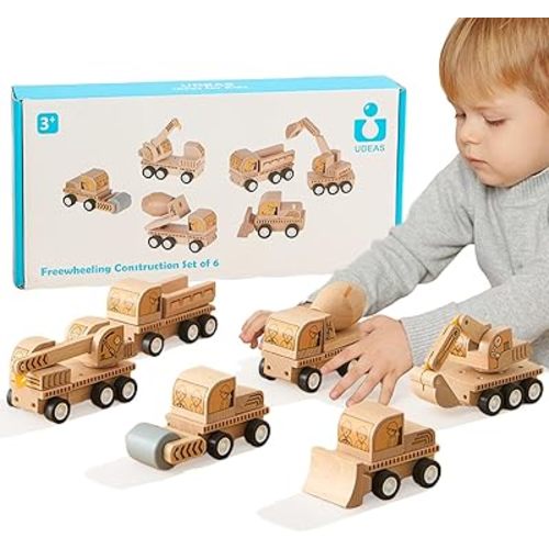 6-Piece Wooden Construction Vehicle Toys Set with Bulldozer, Excavator, Crane, Dump Truck – Montessori Toddler Toys Ages 3-6, All-Natural Safe Push & Go Gift for Boys & Girls
