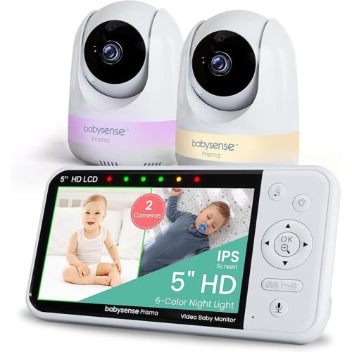 Babysense Prisma Baby Monitor with Camera and Audio, 5” HD Video Baby Monitor with 2 Cameras, 6-Color Night Light, Split Screen, Sound Machine with White Noise & Lullabies, Secure No WiFi