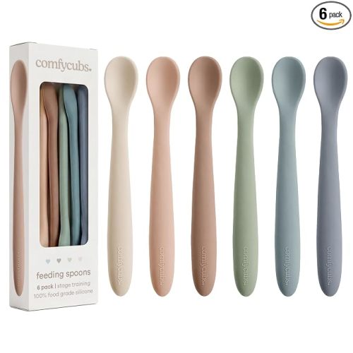 Comfy Cubs Silicone Baby Spoons Set 6-Pack, Sand 6.46 x 0.95 in – BPA Free, Soft Gum-Safe Toddler Eating Essentials – Lightweight & Flexible Baby Spoons, Dishwasher Safe, Fun Utensils for Babies