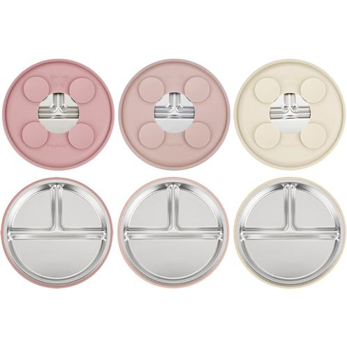 PandaEar 3 Pack Stainless Steel Baby Suction Plates, Divided Toddler Plate for Baby Led Weaning Supplies, Non-Slip Toddler Baby Feeding Set Dishwasher Safe (Pink/Linen/Light Pink)