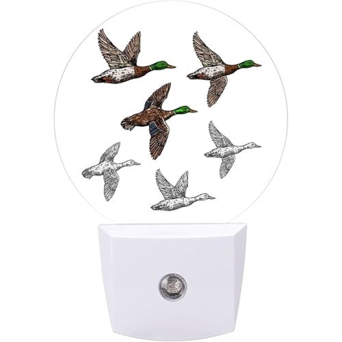 Chrobak Round LED Night Light,Duck Mallard Wild Bird LED Night Light Plug into Wall with Dusk to Dawn Light Sensor White Energy Efficient Nightlight for Bedroom Bathroom Hallway Living Room Kitchen