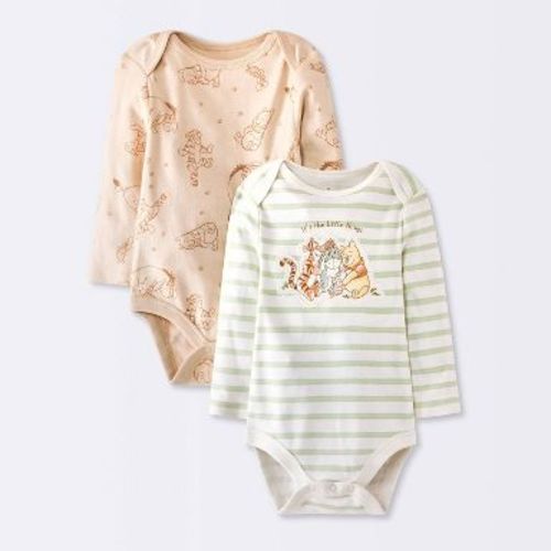 Baby Winnie The Pooh 2pk Long Sleeve Bodysuits - Cloud Island™ green/tan 3-6M
