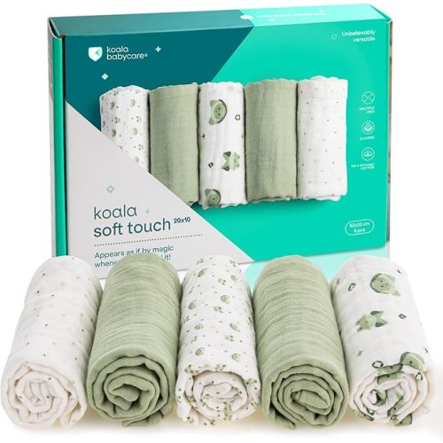 Koala Babycare 5 Pack 20"x10" Organic Burp Cloths for Baby Boys and Girls - GOTS & OEKO-TEX Cotton Burp Rags for Newborns - Absorbent Neutral Burping Cloths for Feeding - Washable Baby Bibs Essentials