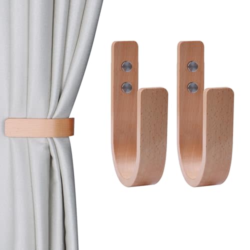 OCIOLI 2 Pieces Curtain Tiebacks Wood Curtain Holdbacks U Shaped Curtain Hooks Curtain Tie Backs Wall Mount Curtain Holder Curtain Pull Backs Tie Backs for Curtains (Wood, 2)
