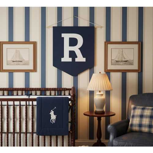 Custom Initial Pennant Vintage Preppy Name Banner Personalized Navy and White Letter Wall Hanging Old Money Boy Nursery Kids Room Decor