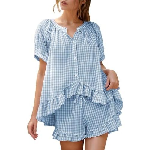Flygo Womens Gingham Pajamas Set 2 Piece Cotton Pj Lounge Sets Puff Sleeve Ruffle Babydoll Shirt Shorts Summer Outfits