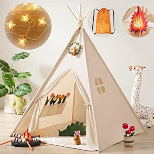 Amazon.com: Kids-Teepee-Tent with Lights & Campfire Toy & Carry Case, Natural Cotton Canvas Toddler Tent - Washable Foldable Teepee Tent for Kids Indoor Tent, Outdoor Play Tent for Girls & Boys : Toys & Games