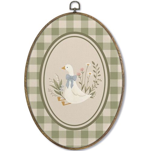 Fewgb Vintage Goose Girls Nursery Oval Wall Art Decor Framed, Silly Goose Baby Girls Toddler Kids Room Playroom Bedroom Canvas Wall Art Prints Picture, Sage Green Duck Cottagecore Plaid Artwork 9x12