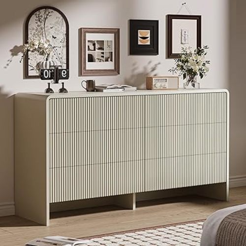 Beige Curved 6 Drawer Dresser, Modern Long Dresser for Bedroom, Living Room, or Entryway, Push to Open Storage Chest, Minimalist Scandinavian Style, 55" Wide