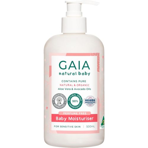GAIA Natural Baby Moisturiser | 98% Natural Origin | Sensitive Skin formula | organic Avocado Oil | organic Aloe Vera | Nut Oil Free | Perfume Free | Paraben Free | Australian Made | 500mL