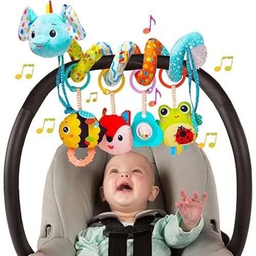 BATOHO Car Seat Toys for Babies 0-6 Months, Hanging Spiral Activity Stroller Toy for Infants 3-6 Months, Developmental Toy for Newborn 0 3 6 12 Month with Music Box Rattle Squeaker- Blue Elephant