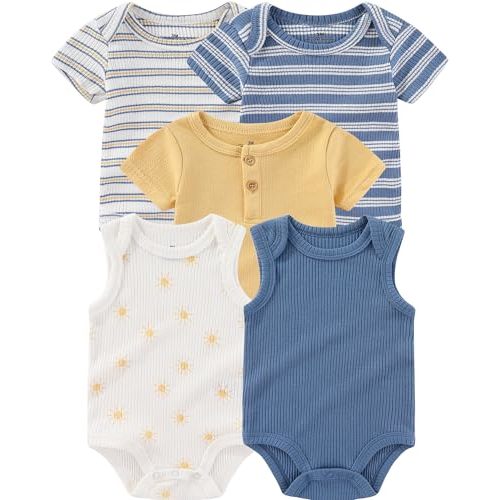 Baby Bodysuits Ribbed Mix Summer Newborn Boy Girl Clothes 5-pack | Multiple design bundled sets, basic sleeveless and short sleeved mix, suitable for wearing in warm weather