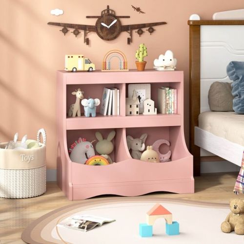 Costway Toy Storage Organizer for Toys & Books 4-Cubby Kids Bookcase for Children's Room Pink