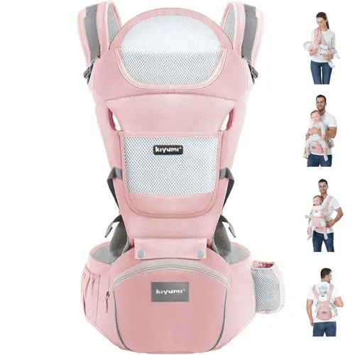 KIYUMI Baby Carrier with Hip Seat, Ergonomic M Position, Newborn to Toddler, Head Support and Breathable Mesh,Adjustable Removable 6- in-1 Baby Baby Sling Carrier (7-45 lbs) for Mom Dad, Pink