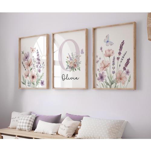 Floral Nursery Prints, Girl Nursery Decor Boho Nursery Wall Art Set Custom Name Wildflower Nursery Baby Shower Gifts, Personalized Name 441A