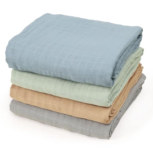 david's kids 4 Pack Baby Muslin Swaddle Blankets 47" x 47", 100% Cotton Swaddle Wrap for Boys Girls, Ultra Soft Breathable Receiving Blanket for Newborns, Dusty Blue & Sage Green & Grey & Sepia