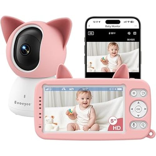 Baby Monitor with Camera and Audio, WiFi & No-WiFi Modes, 5" 1080P Screen, Clear Night Vision, Motion & Cry Detection, 2-Way Talk, 1000ft Range, Local Recording, Cute Design for New Parents