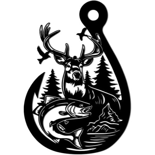 Deer Fish Fishing Hook Metal Wall Art, Hunting Cabin Outdoor Home Decor