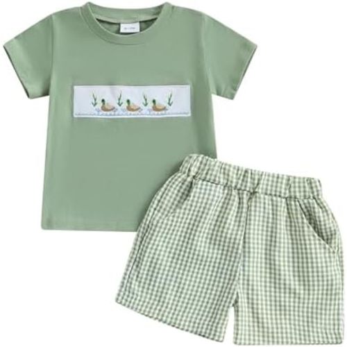 Toddler Baby Boy Hunting Outfit Summer Short Sleeve Mallard Duck T-shirt Checkered Plaid Shorts Two Piece Clothes