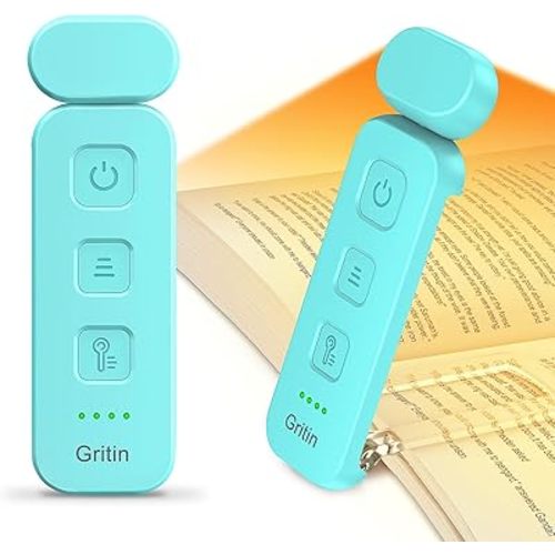 Gritin Reading Light, Rechargeable Book Light for Reading in Bed - Eye Caring 3 Color Temperatures, 5-Level Dimmable Brightness, Long Lasting, Compact Size Clip on Book Lamp for Bookworms-Blue