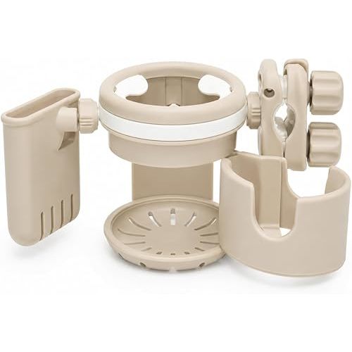 3-in-1 Stroller Cup Holder with Phone Holder, Dual Cup Holder with Upgraded Double Clamp, Universal Cup Holder for Stroller, Walker, Wheelchair & Bike, Anti-Spill Stable Drink Organizer (Khaki)