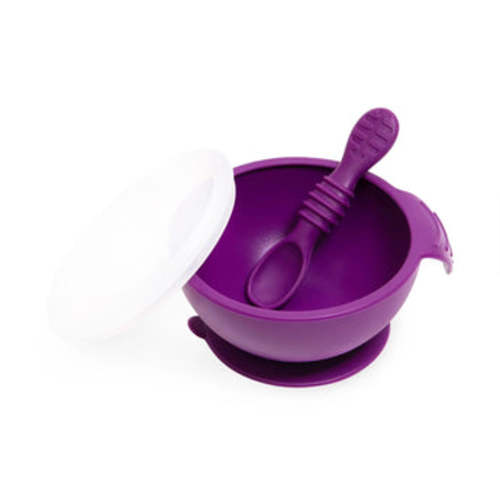 Silicone Suction Baby Bowl, Spoon and Lid Set in Purple | Bumkins