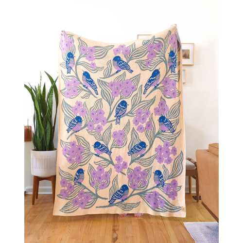 Bluebirds Organic Cotton Throw Blanket in Lilac Purple: Original Art, 50x60 Knit Floral Blanket