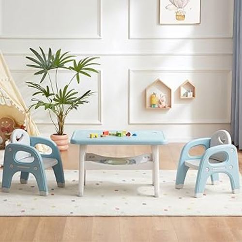 Kids Table and 2 Chairs Set, Large Built-in Storage, Montessori Toddlers Table and Chairs Set, Kids Activity Table for Drawing Dining Playing, CPSC & ASTM Approved, Blue