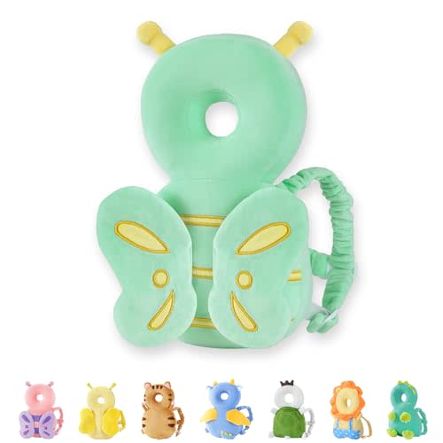 JunNeng Baby Head Protector Backpack for Walking Crawling, Green Butterfly | Soft, Breathable, Adjustable, Baby Fall Back Head Protector for Falling