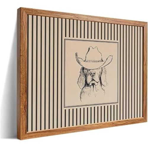 Western Cowboy Dog Wall Art Framed 12x16 inch Vintage Southwestern Animal Poster Cool Striped Canvas Pictures For Western Office Living Room Bedroom Wall Decor