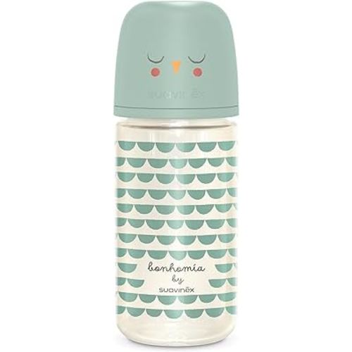 Suavinex Bonhomia Glass Baby Bottle with SX PRO Silicone Nipple, Anti Colic Baby Bottles, Baby Bottles for Breastfed Babies, Medium Flow, 3mo, 8oz, Mint