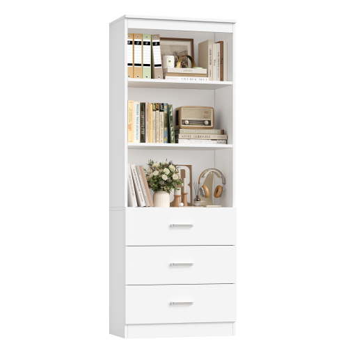 Homfa 71" Tall Bookcases with 3 Large Drawers, 3 Tier Wooden Storage Bookshelf for Living Room Home Office, White