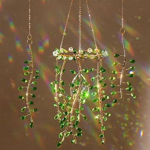 3 Pcs Crystal Suncatchers for Window Boho Decor Plant Sun Catchers Green Plants Artificial Hanging Wind Chime Sun Catchers with Chain Making Rainbow Indoor Outdoor Decor Plant Lover Gift