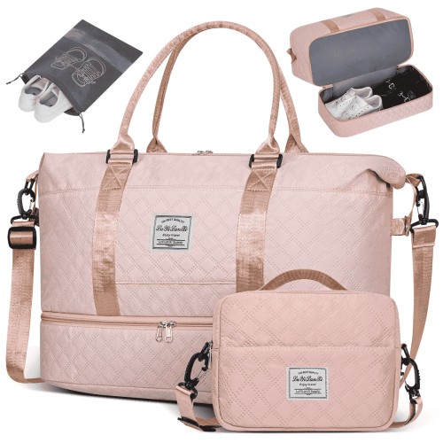 Travel Bag with Shoes Compartment, 40L Weekender Overnight Duffel Bag with Toiletry Bag and Shoes Bag, Gym Bag for Women with Wet Pocket, Personal Carry On Bag for Women, Travel, Gym, Weekend, Pink