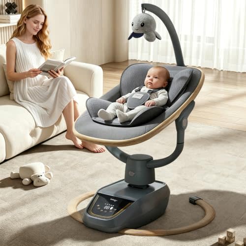 Trimigo Electric Baby Swing for Infant to Toddler,Newborn &Infant Swing | 180° Adjustable, Remote, 5-Modes, 4-Speed, 3-Seat Height, 8 Melody. swing for newborns & toddlers, soft seat.Wood Tone