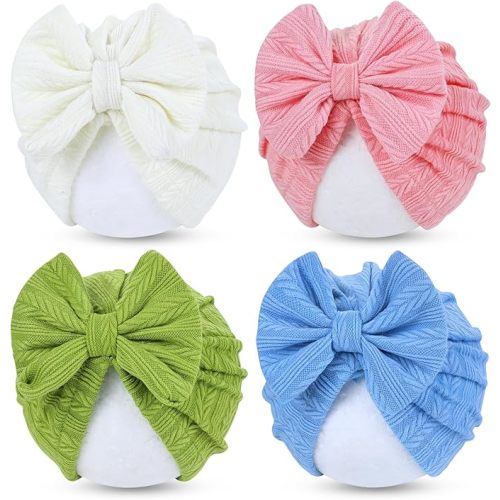 Cinaci 4 Pieces Baby Girls Turban Hats with Bow Newborn Hospital Caps Bonnets Beanies Headwraps for Infants Toddlers