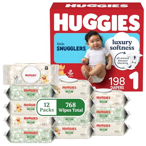 Huggies Little Snugglers Baby Diapers with Huggies Natural Care Sensitive Baby Wipes, Size 1 (8-14 lbs), 198 Diapers & 768 Wipes, Packaging May Vary