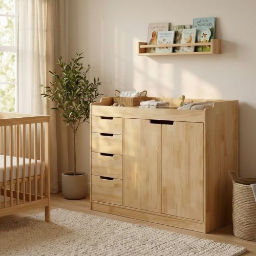 Famapy Solid Wood Baby Changing Table with Guardrail Top 4 Slide Drawers,Multi-Purpose Nursery Diaper & Clothes Storage Dresser