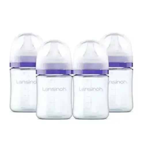 Lansinoh Glass Baby Bottles, Anti-Colic, 5 Ounces, 4 Count Bottles for Feeding, Baby Essentials, Includes 4 Slow Flow Nipples, Size S