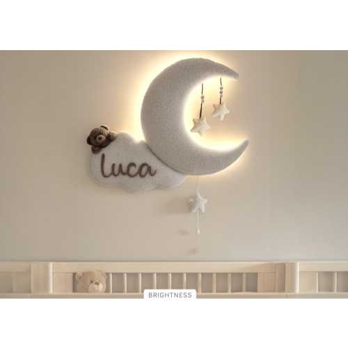 Nursery Wall light -  battery operated 12v back lit led-Moon with stars and cloud with peeping teddy*soft wall decor for nursery/kids room.