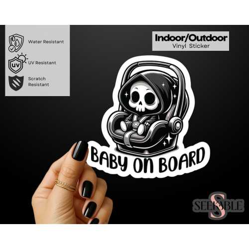Grim Reaper Skeleton Baby On Board Indoor/Outdoor Vinyl Decal Sticker Baby On Board Car Sticker New Baby Birth Spooky Baby Shower Gift