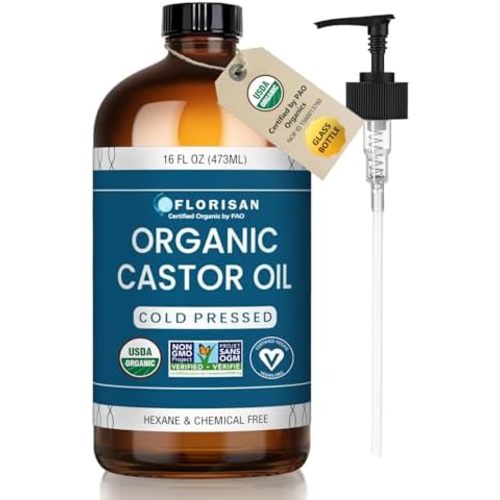 Florisan USDA Certified Organic Castor Oil 16oz Glass Bottle, Cold Pressed, Hexane-Free, Non-GMO, Vegan, 100% Pure Castor Oil for Hair Growth, Skin, Lashes, Eyebrows, EWG Verified