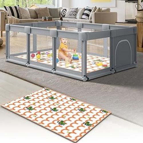 74" ×50" Large Baby Playpen, Baby Playard for Babies and Toddlers, Baby Fence Play Pens for Indoor & Outdoor, Sturdy Safety Play Yard with Soft Breathable Mesh, Anti-Fall, Grey (with Mat)
