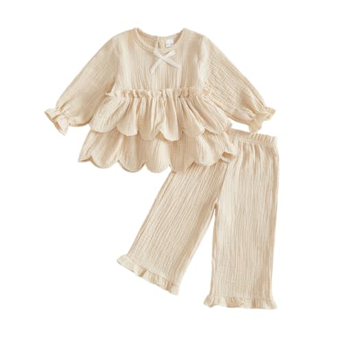 Toddler Baby Girl Fall Clothes Linen Outfits Ruffle Shirt Flare Pants Set | Fall Toddler Girl Clothes Long Sleeve Ruffle Shirt Dress Top Solid Pants Outfits Cute Baby Clothes for Girls 6M-4T
