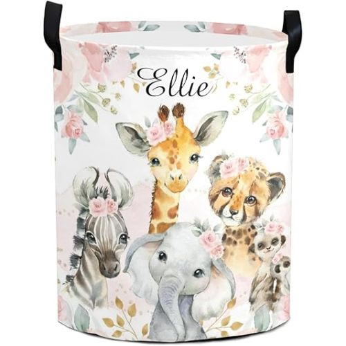 Jungle Safari Animals Pink Floral Personalized Laundry Basket Custom Name Collapsible Waterproof Laundry Hamper Clothes with Handle for Bedroom Bathroom Nursery Decor