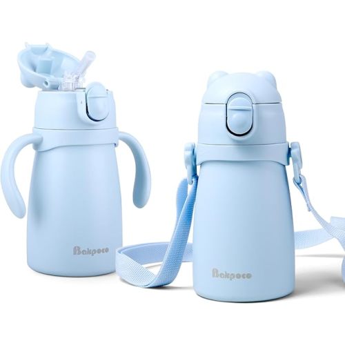 Stainless Steel Straw Sippy Cup for Toddlers 1-3 Years Old, Insulated Toddler Water Bottle Baby Training Tumbler with Handles & Strap, 9oz Kids Straw Cups for Travel Daycare, Blue Bear 1-Pack