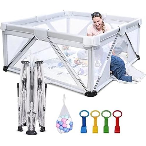 Foldable Baby Playpen 59x59 inch, iTiLike Playpen for Babies and Toddlers with 50 PCS Ocean Balls & 4 Handles, Indoor & Outdoor Kids Safety Play Pen Area, Portable Travel Play Yard,Gray