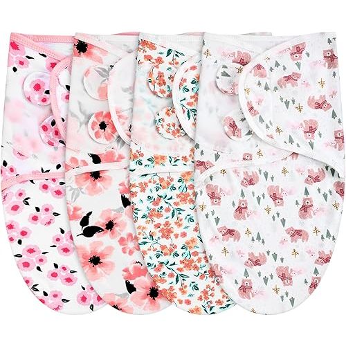 Newwiee 4 Pcs Preemie Baby Swaddle Wrap Adjustable Cotton Preemie Swaddle Blanket for Newborn Boys Girls(Flower Style,Fit for Preemies)