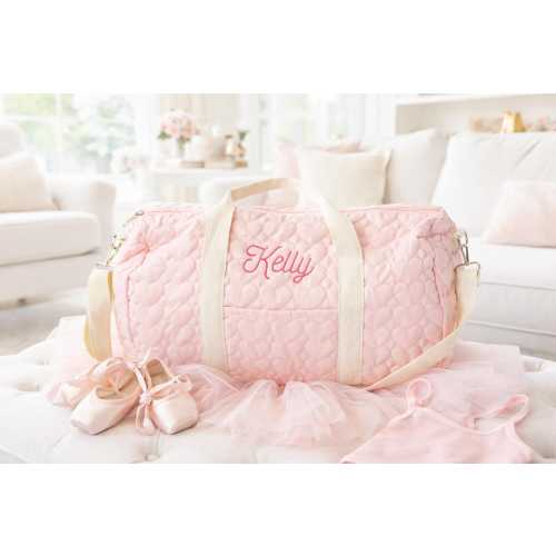 Personalized Embroidered Duffle Bag | Custom Pink Quilted Heart Duffle Bag | Embroidered Pink Kids Weekend Bag | Weekender Bag | Travel Gift